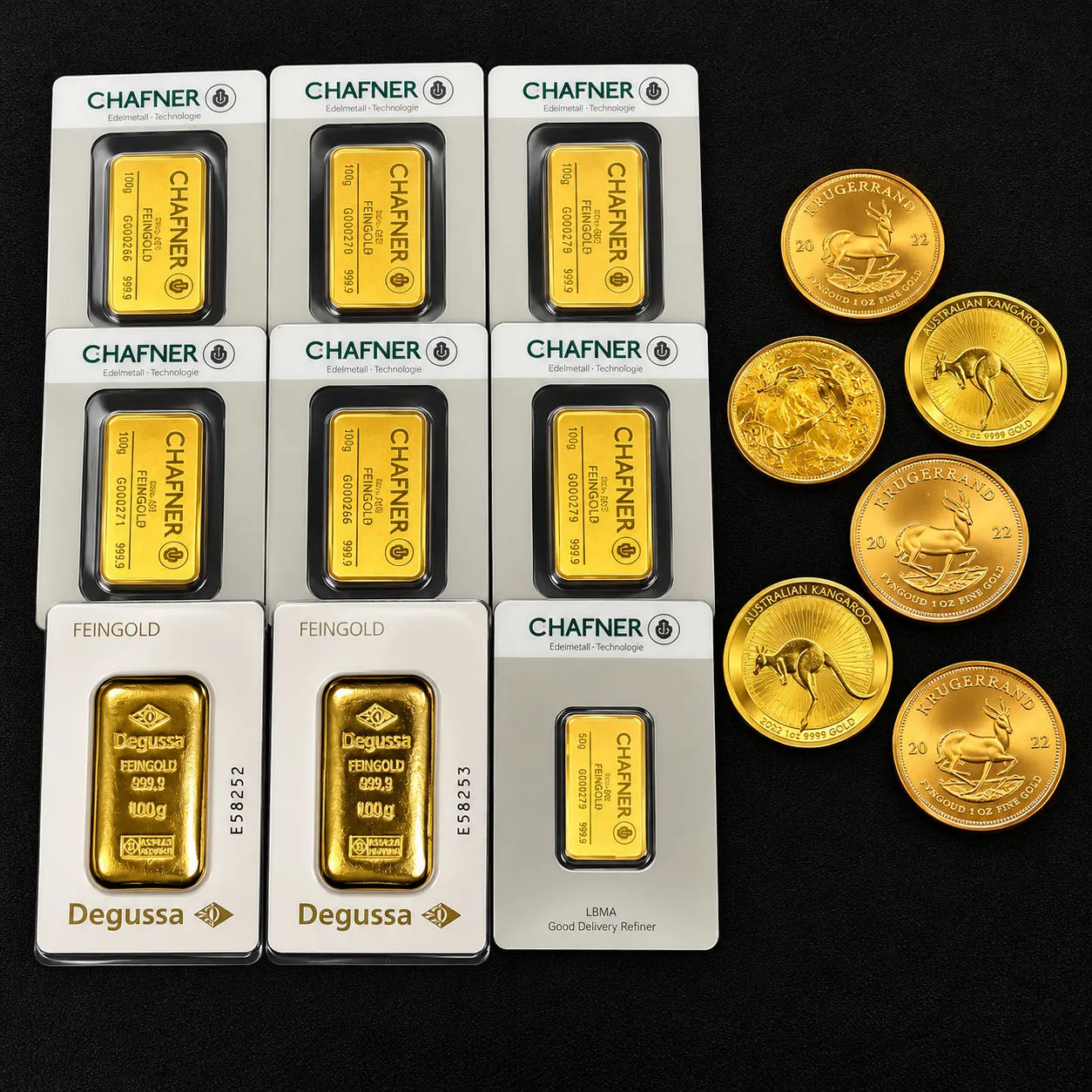 Goldbarren von C. Hafner und Degussa, daneben Krügerrand- und Känguru-Goldmünzen