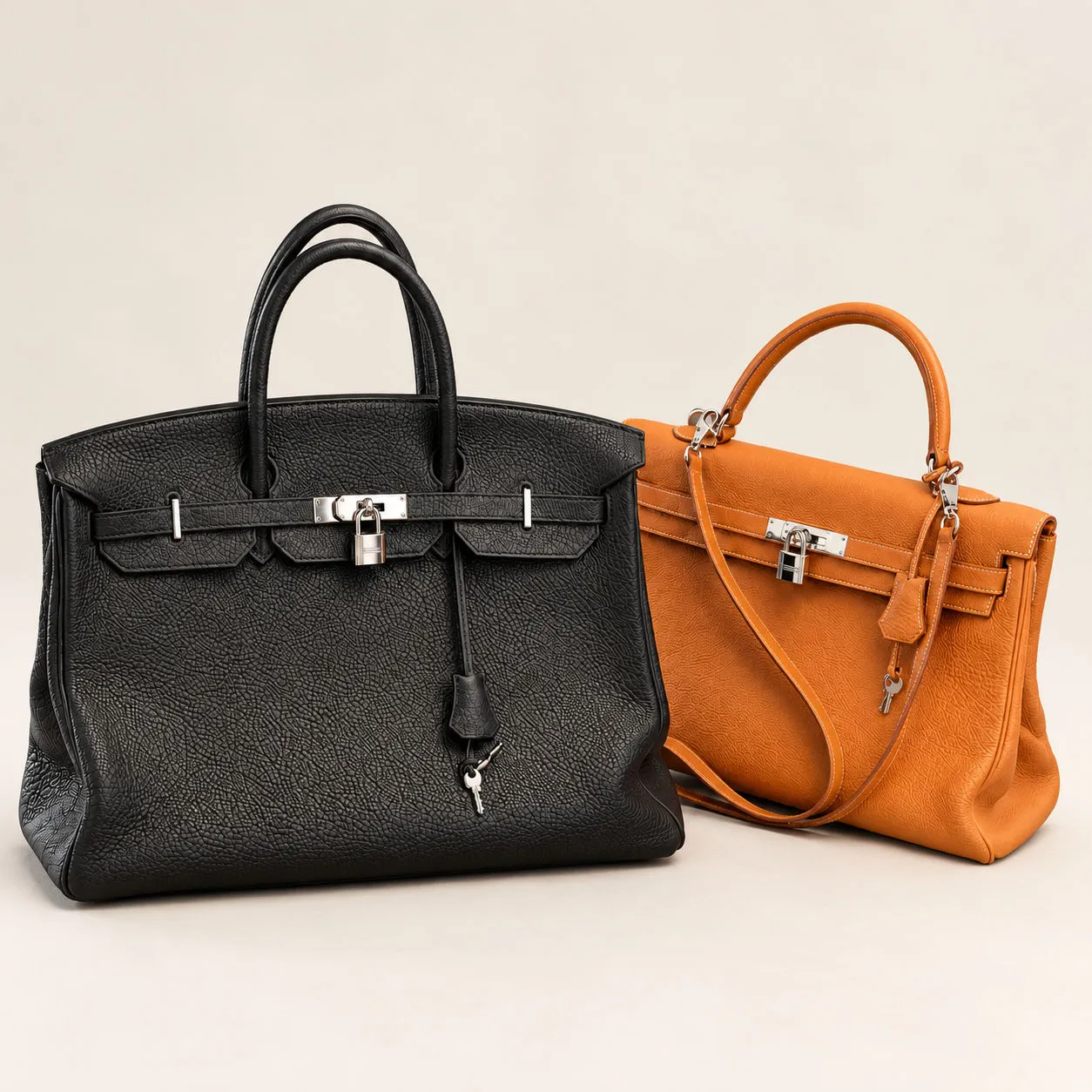 Schwarze Birkin und orangefarbene Kelly von Hermès