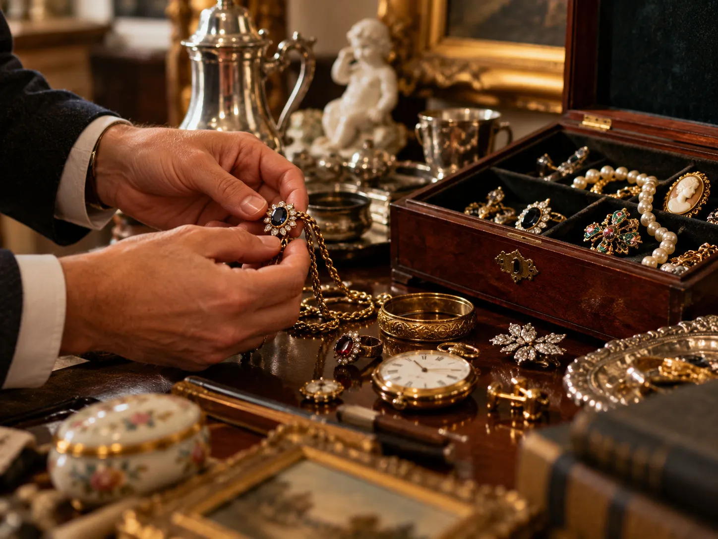 Hände prüfen Schmuck, daneben eine Schmuckschatulle und Silber auf einem Holztisch