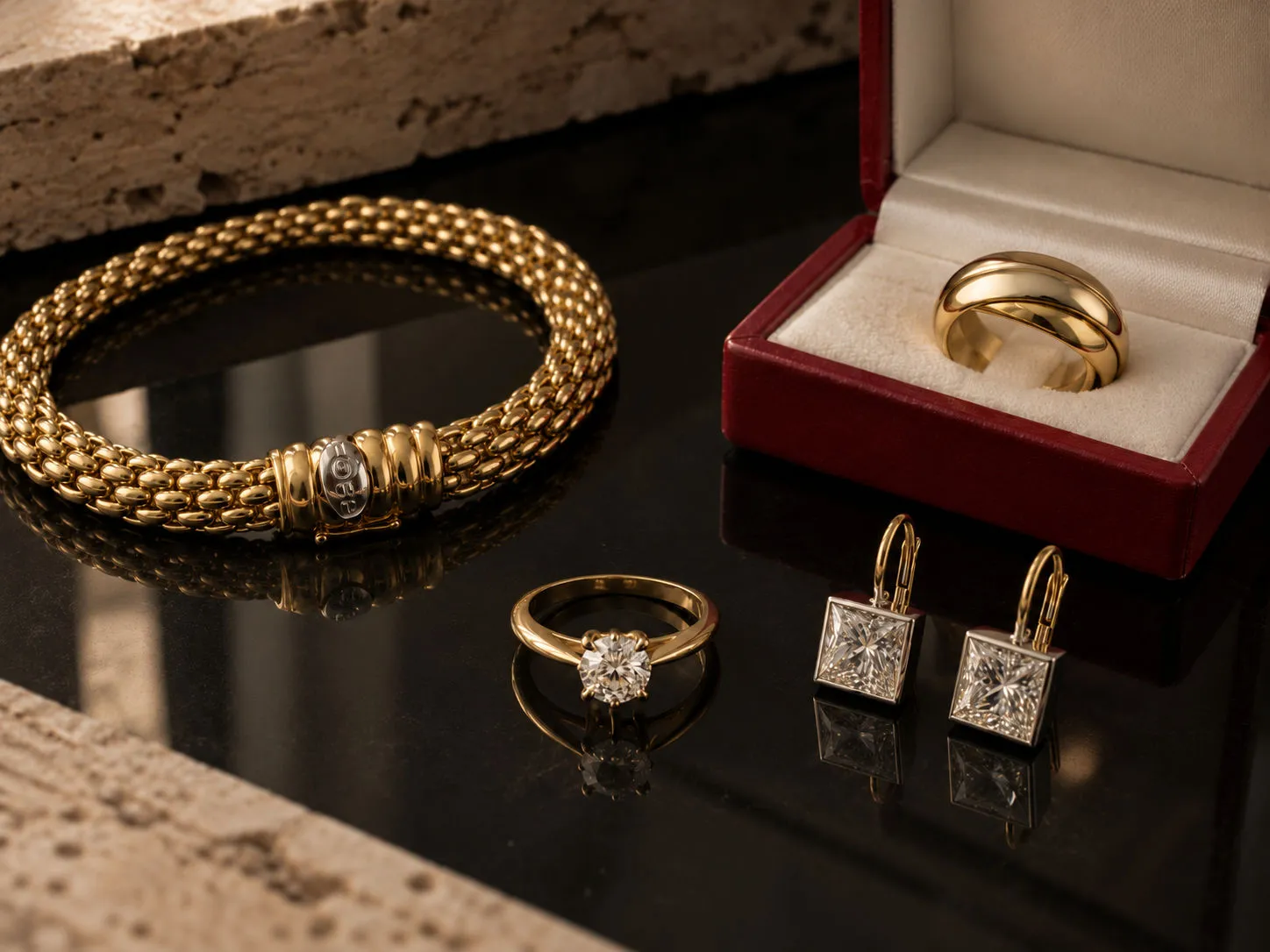 Goldschmuck auf schwarzem Stein: Armband, Ring im Etui, Solitärring und Ohrringe
