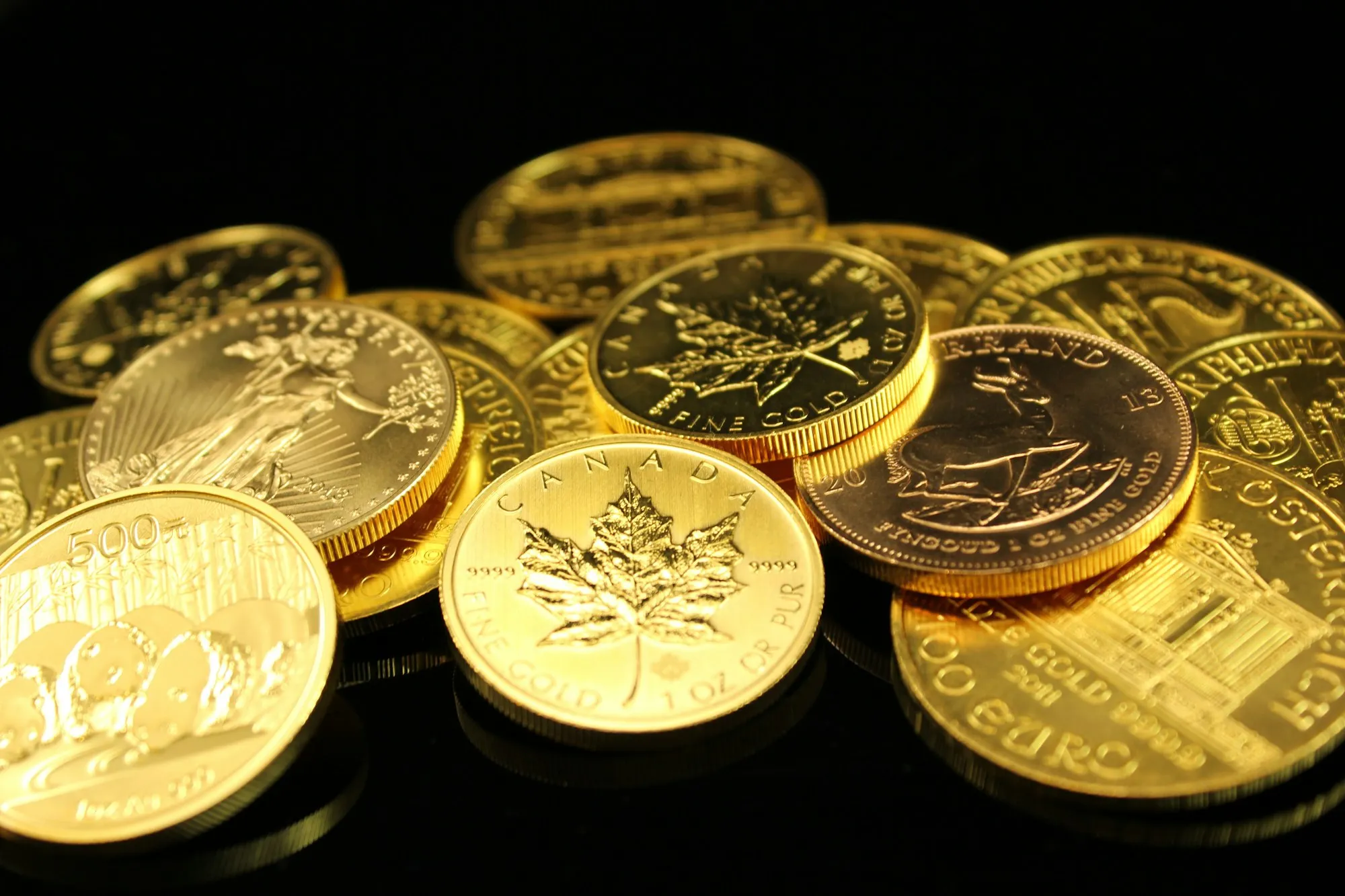 Goldmünzen, darunter Maple Leaf